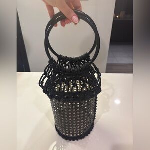 Black Woven Handbag with Circular Handles